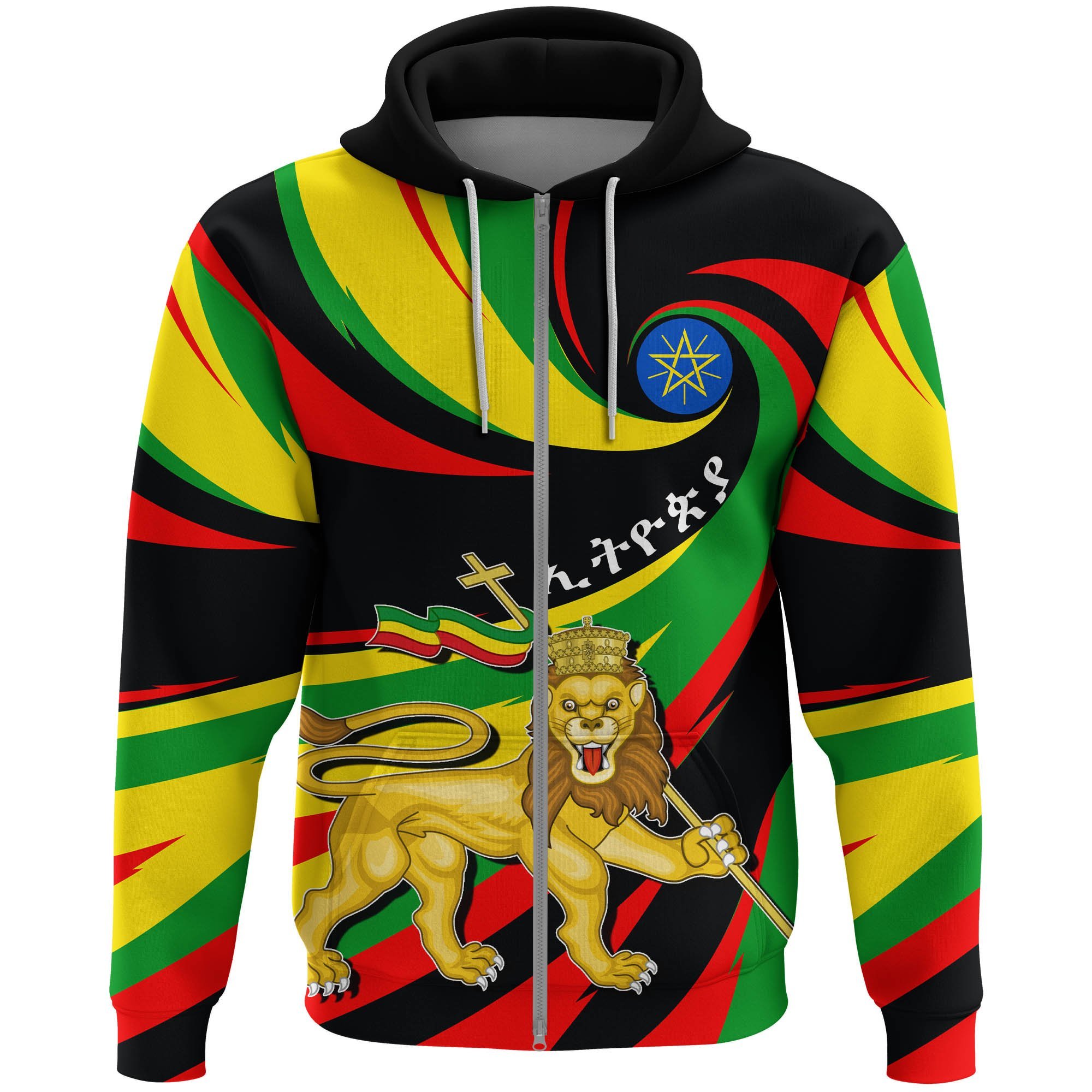 1stTheWorld Hoodie Zip Ethiopia Flag Lion Map A30