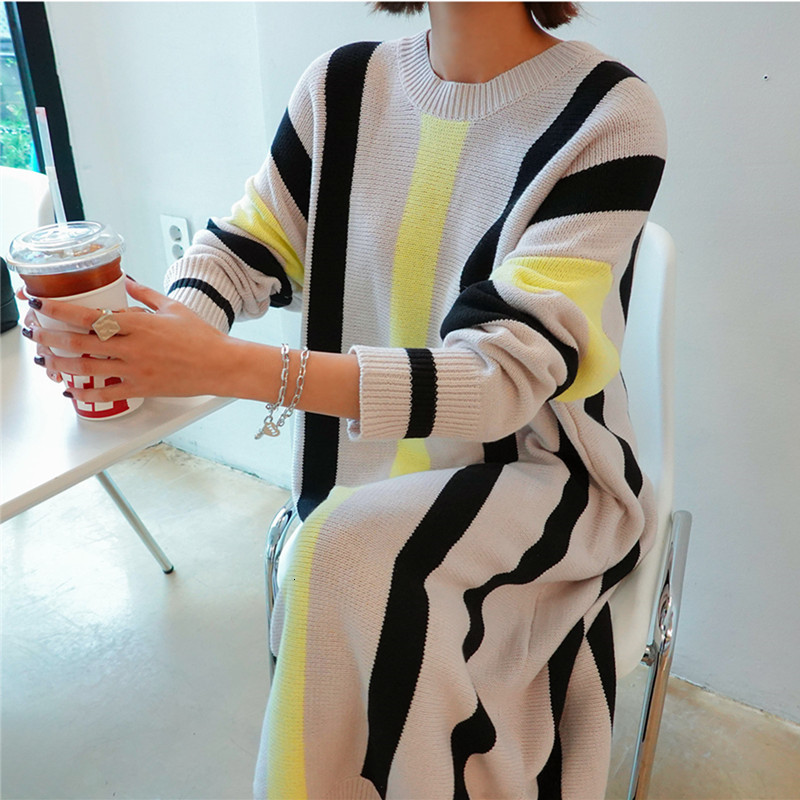 Autumn And Winter New Large Size Long Sweater Dress Women Loose Striped Knitted Sweater Korea Style Casual Knit Dresses 2021 alx