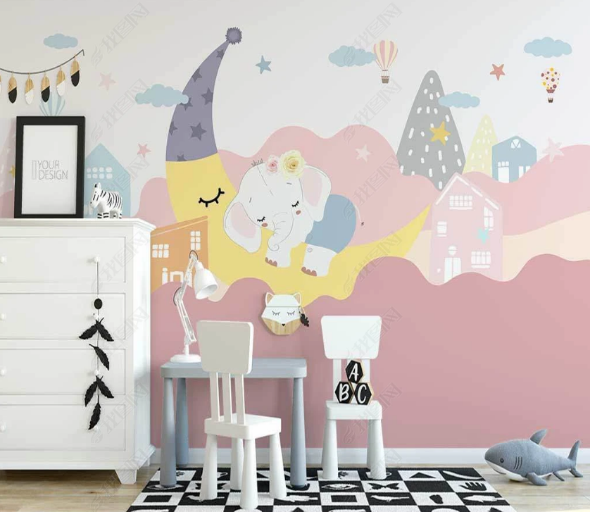 3D Cartoon Cloud Moon Elephant Wall Mural Wallpaper Lqh 85