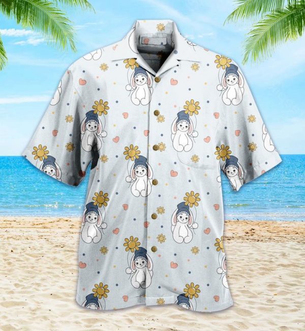 Pattern Pink Rabbit Hearts Yellow Hawaiian Shirt 3D