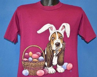 90s Bassett Hound Easter Basket Bunny Ears T-shirt 1956