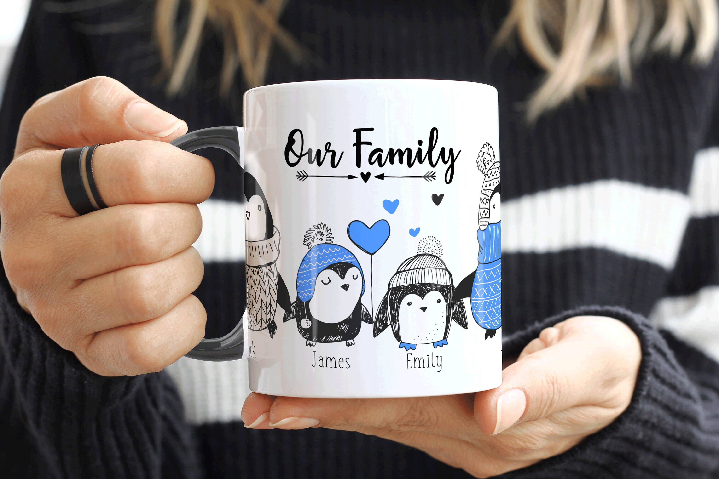 PERSONALISED FAMILY PORTRAIT Mug, Secret Santa Gift, Penguin Gift Mug, Mum Dad Xmas Mug, Hot Chocolate Mug, Xmas Gift for Mum Dad Husband