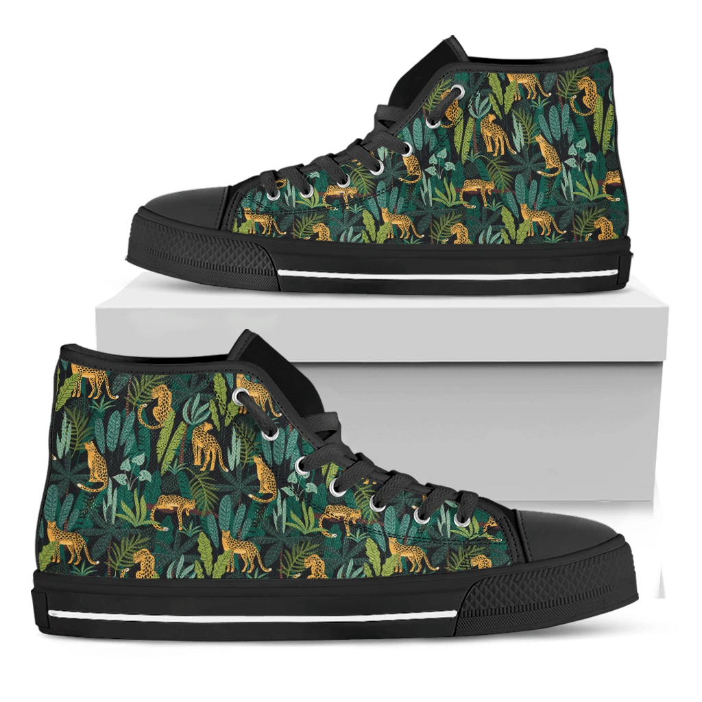 Tropical Jaguar Pattern Print Black High Top Shoes For Men And Women