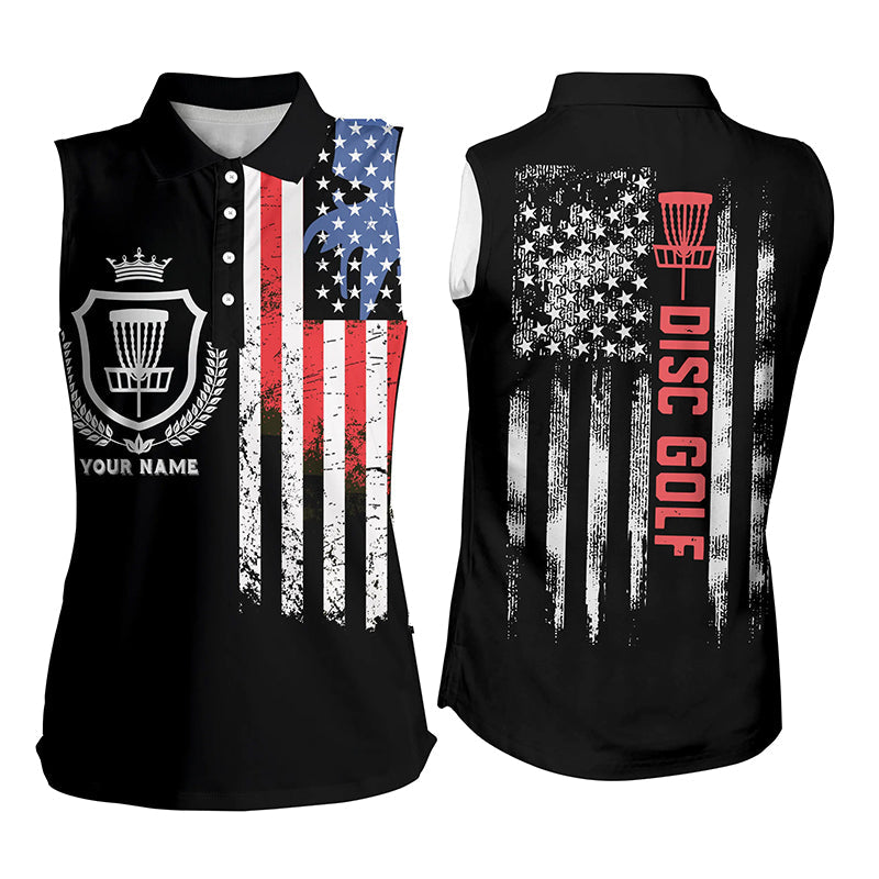 Disc Golf Basket American Flag Patriotic Womens Sleeveless Polo Shirt Custom Disc Golf Shirt For Women