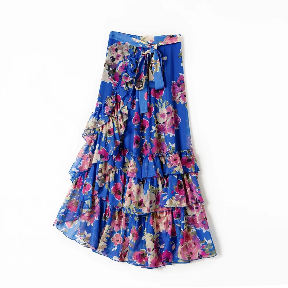 Women Wrapped Skirt Ruffles Lace-up Floral Printed Split Spring Summer 2021 New Ladies Midi Jupe alx