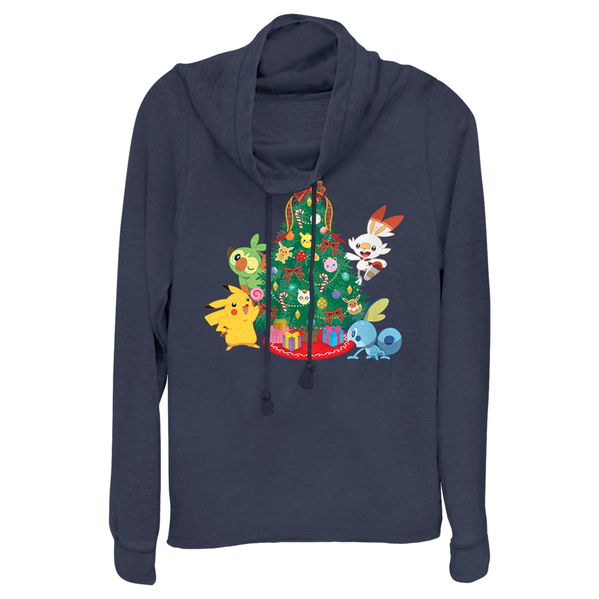 Junior’S Pokemon Christmas Tree Friends Cowl Neck Sweatshirt