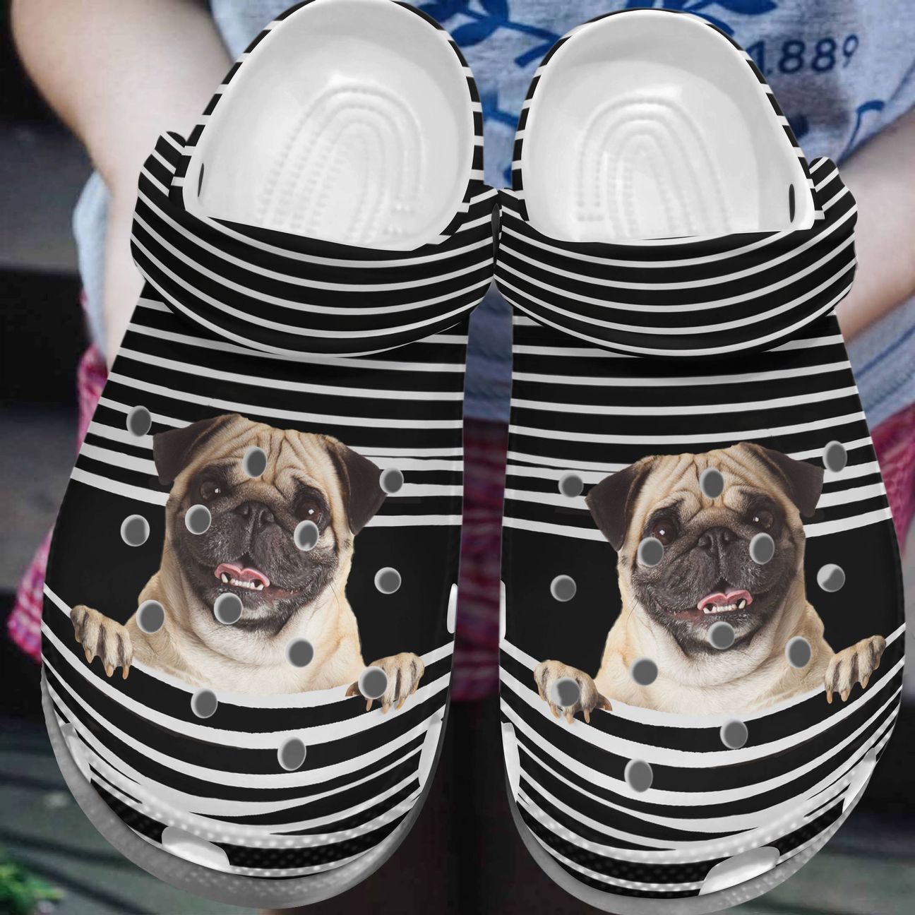 Pug Personalized Clog, Custom Name, Text, Color, Number Fashion Style For Women, Men, Kid, Print 3D Stripe Pattern