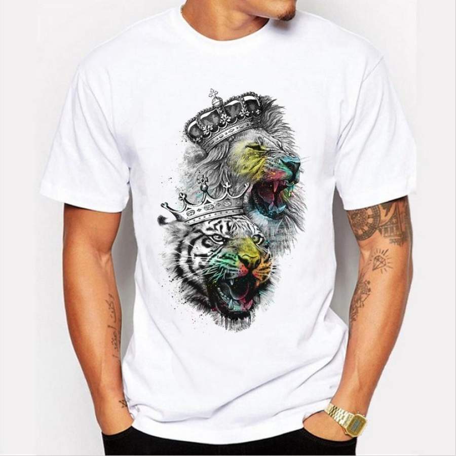 Fashion casual simple men ‘s T – shirt personality lion tiger pattern printed short – sleeved white T – shirt