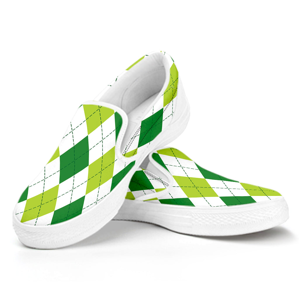 White And Green Argyle Pattern Print White Slip On Shoes