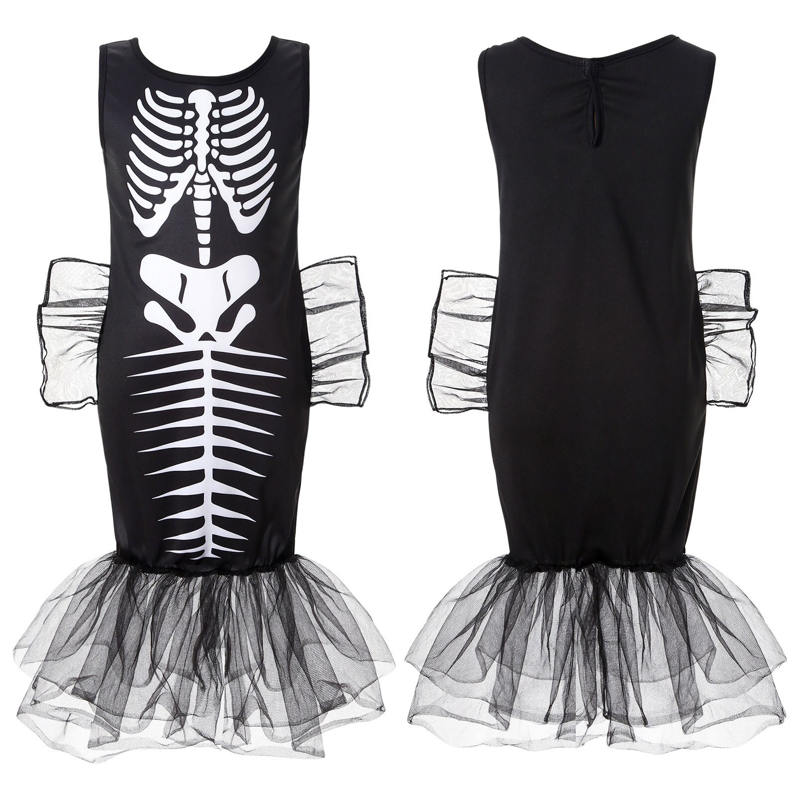 2021 Kids Girls Halloween Cosplay Dresses Costume Outfit Sleeveless Skeleton Print Mesh Ruffle Hem Mermaid Tail Long Dress alx