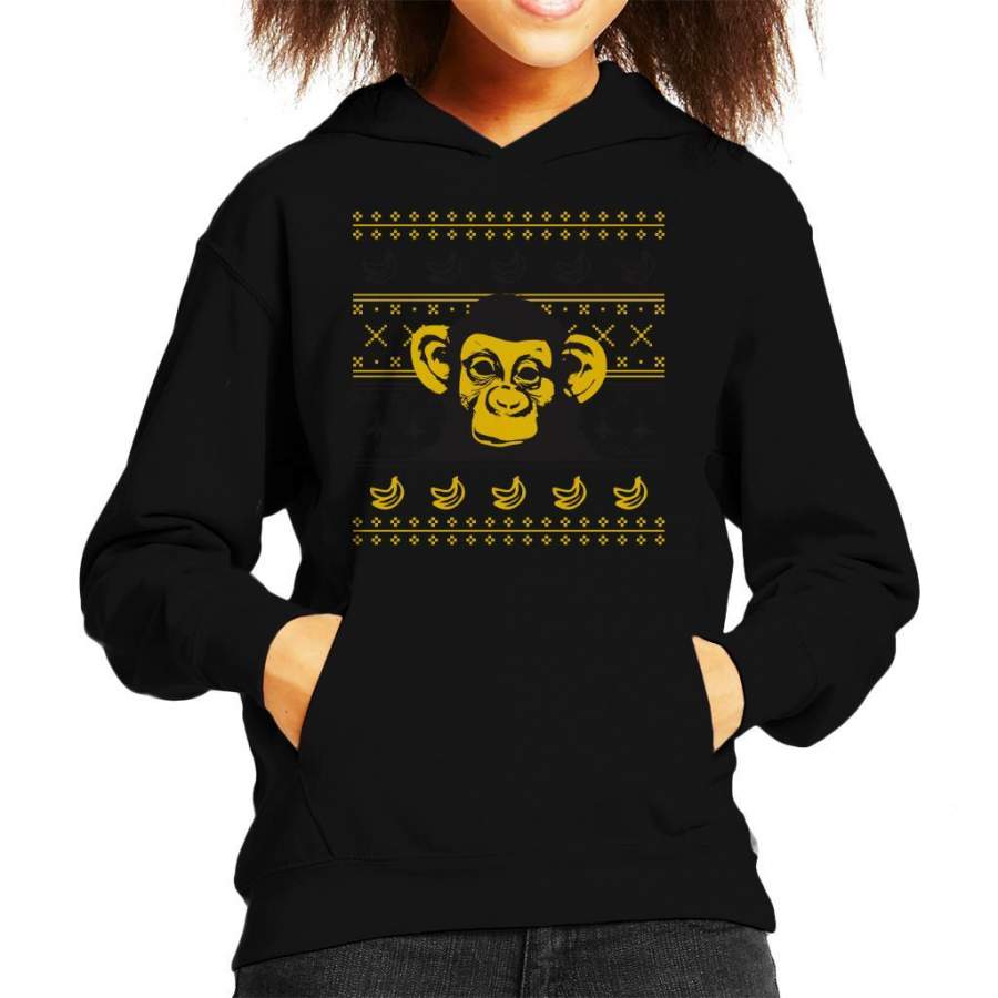 Yellow Chimpanzee Monkey Banana Christmas Knit Kid’s Hooded Sweatshirt