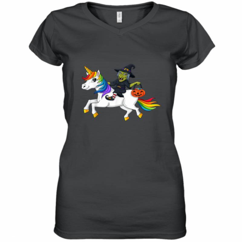 Witch Riding Unicorn Funny Halloween Girls shirt Women’s V-Neck T-Shirt