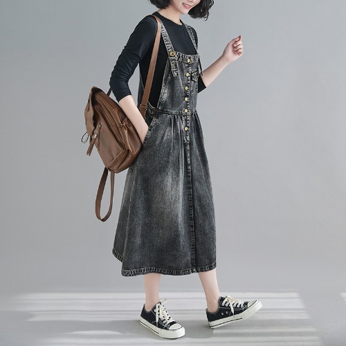 #2428 Black Blue Overalls Denim Dresses For Women Single Breasted Denim Dress Sleeveless Midi Dresses Female Loose Spring 2022 alx