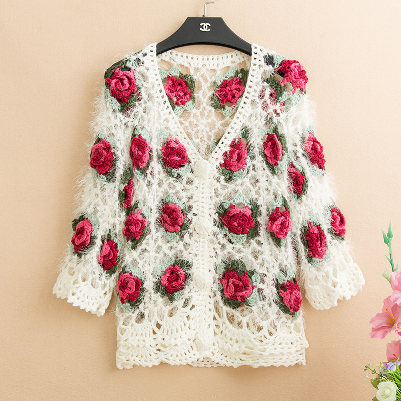 3D flower women cardigans mohair women crochet cardigans femme rose flower sweaters knitted tops alx