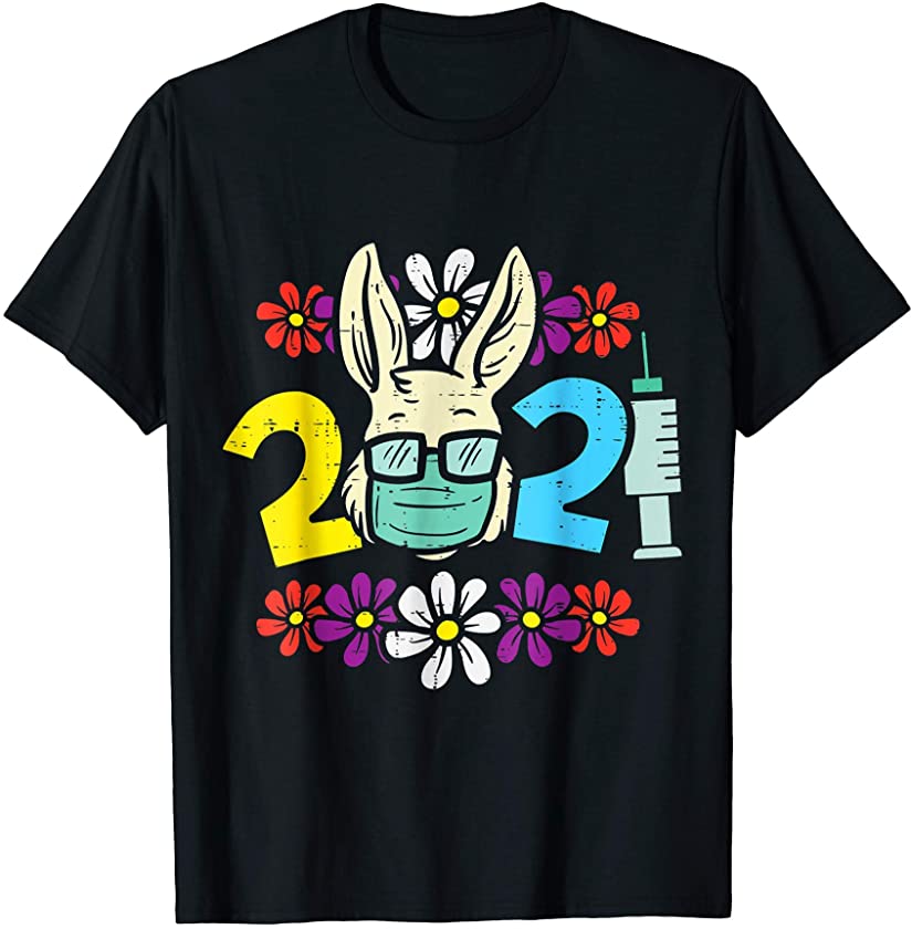 2021 Easter Bunny In Mask Flowers Funny Rabbit Quarantine T-Shirt