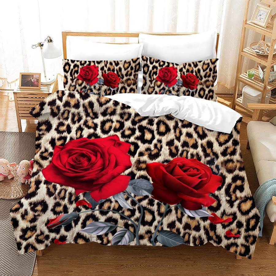 3D Leopard Print Red Rose Floral Quilt Cover Set Bedding Set Duvet Cover Pillowcases JN 1125