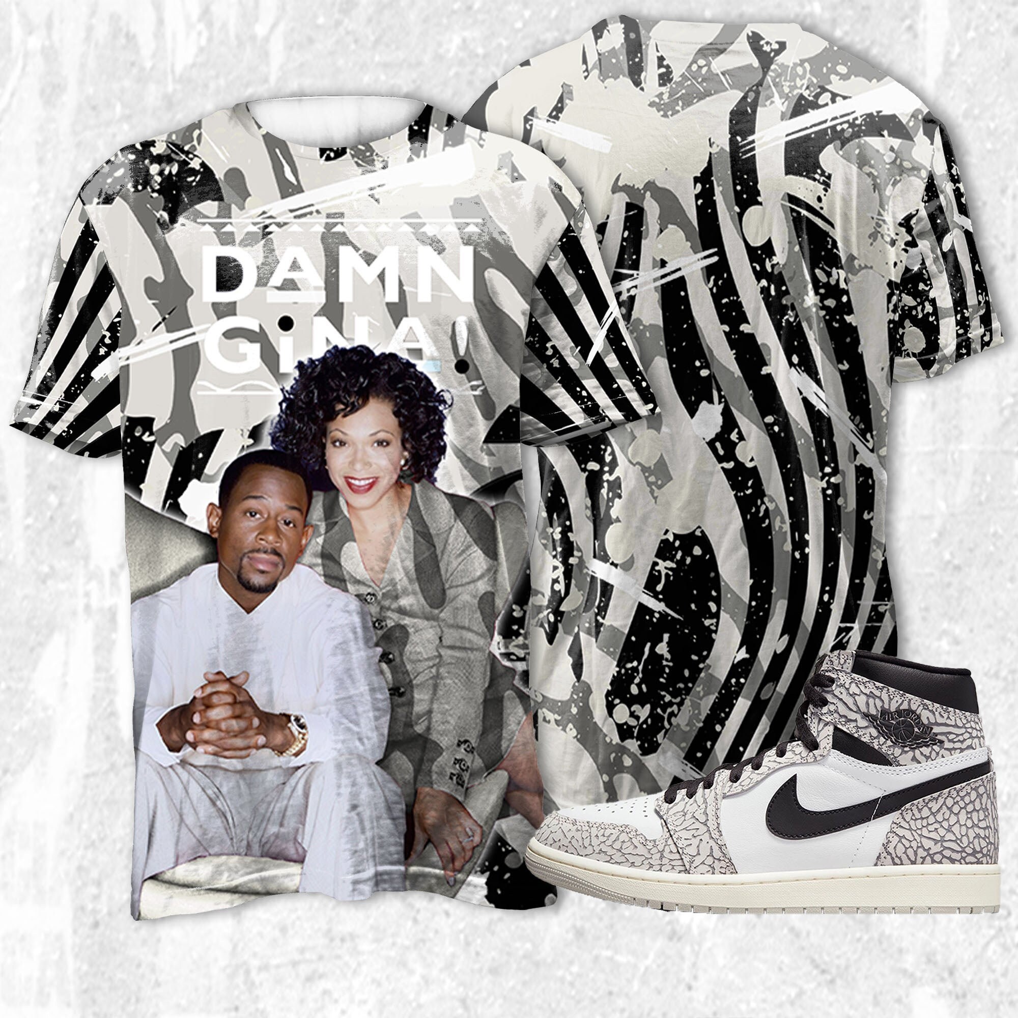 Damn Gina 3D Humor 90s Unisex Shirt 3D match Jordan 1 Elephant Print White Cement Jordan Sneaker Shirt 3D match Damn Gina