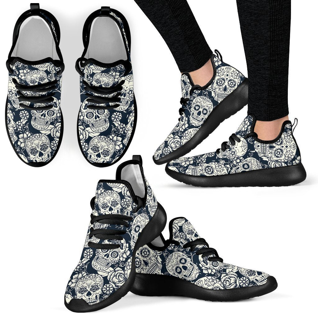 White Floral Sugar Skull Pattern Print Mesh Knit Shoes