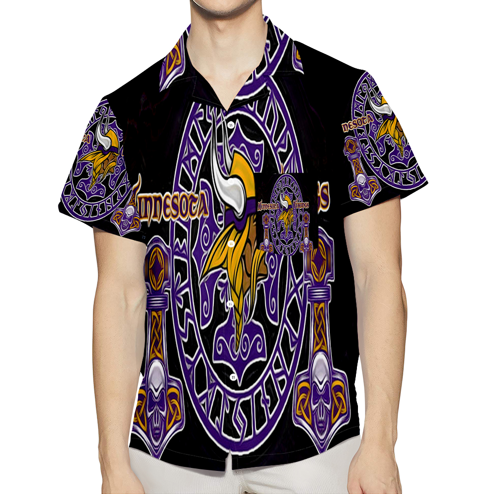 Minnesota Vikings Emblem Shape Skull 3D All Over Print Summer Beach Hawaiian Shirt With Pocket