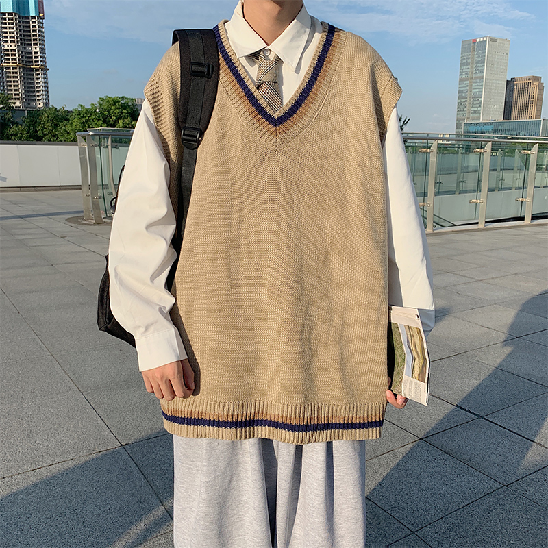 Sweater Vest Men Oversize Sleeveless V-neck Spliced Knit Tops BF Retro Harajuku Preppy Autumn Loose Suestere De Hombre Versatile alx