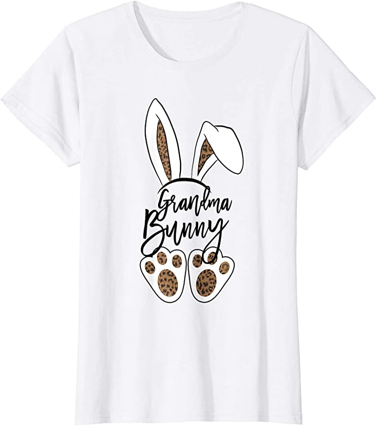 Womens Cute Easter Rabbit Ear and Feet Grandma Bunny Leopard Print T-Shirt