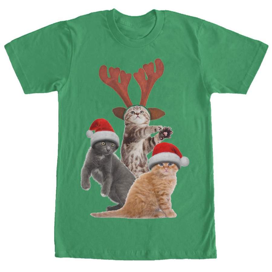 Lost Gods Men’s Ugly Christmas Cats  T Shirt Kelly Green S