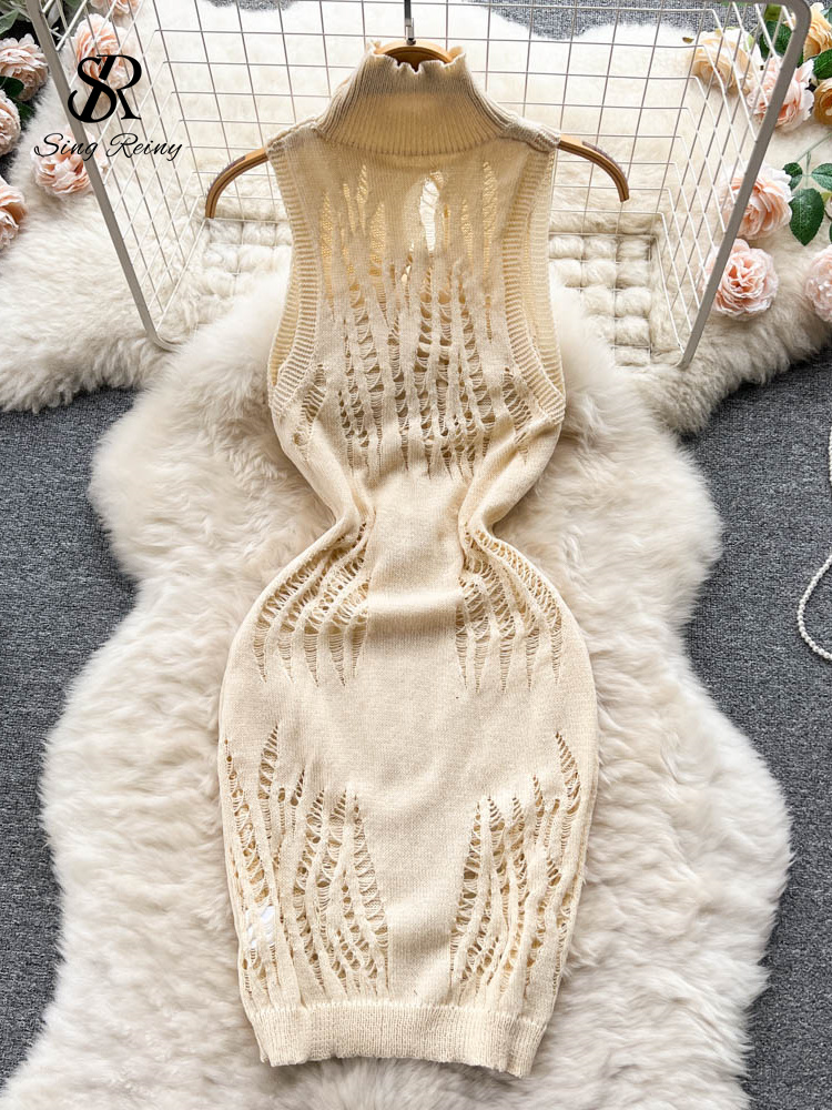 SINGREINY Hollow Out Sleeveless Knitted Dress Autumn French Sweet Tie Slim Midi Long Dress Women Turtleneck Sexy Sweater Dress alx