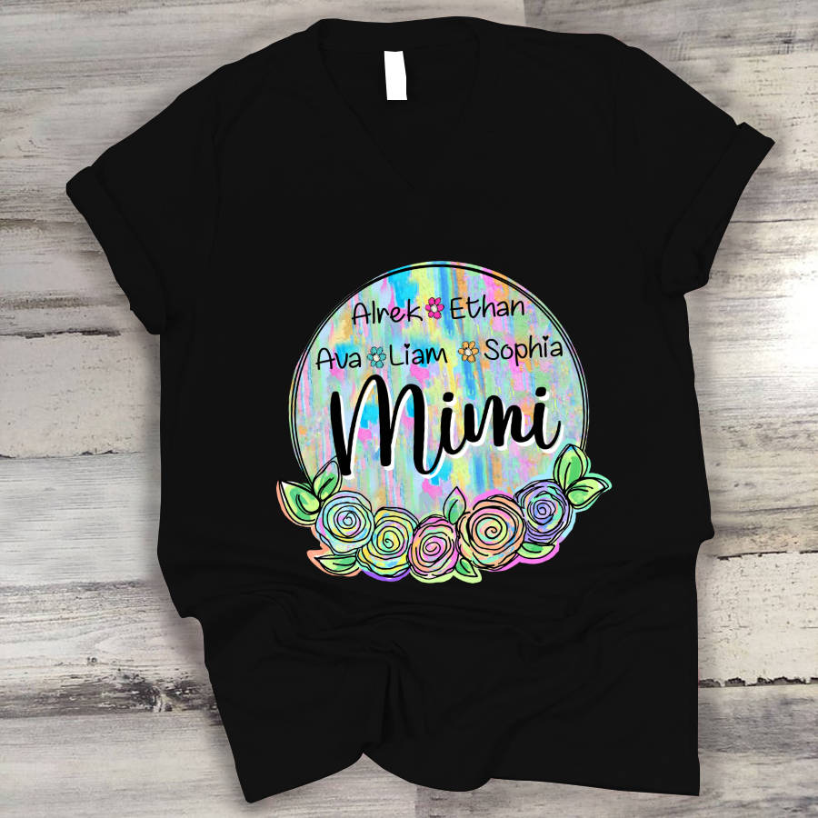 Mimi And Grandkids Flower Colorful V-Neck