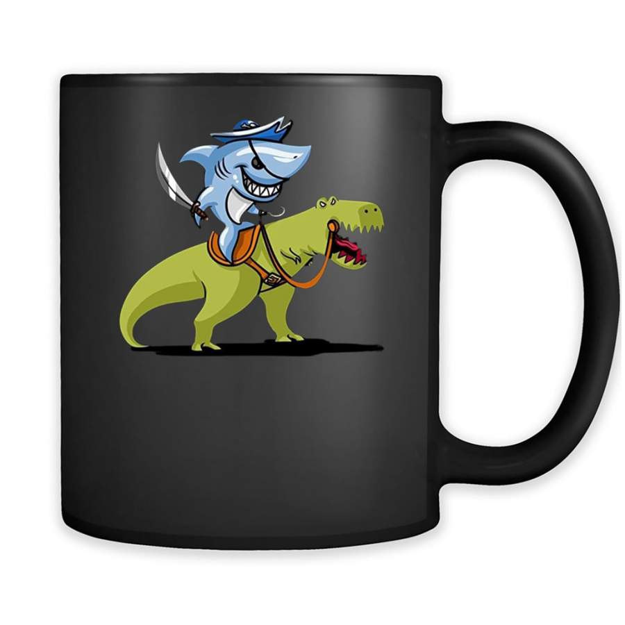 Shark Pirate Riding A T-Rex Dinosaur Funny – Full-Wrap Coffee Black Mug