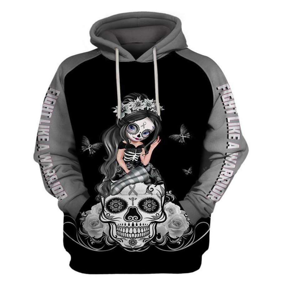 Fight Like A Warrior™ Gray Brain Cancer Sugar Skull Girl Awareness Hoodie