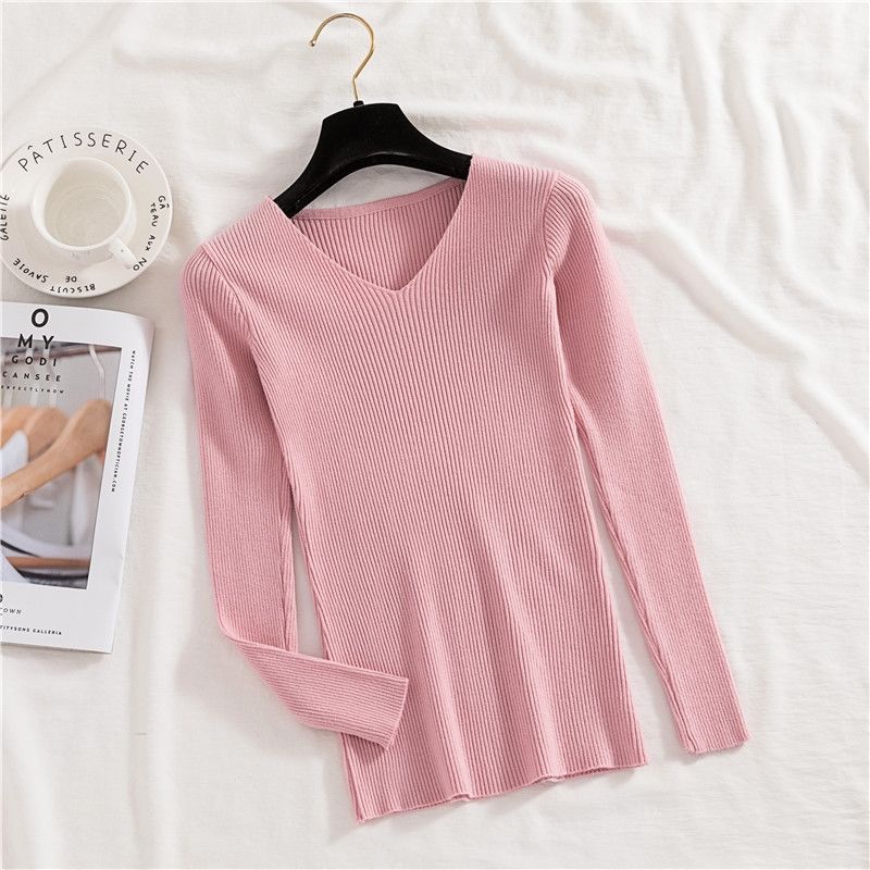 2022 Basic V-neck Solid Autumn Winter Sweater Pullover Women Female Knitted Sweater Slim Long Sleeve Badycon Sweater Cheap alx