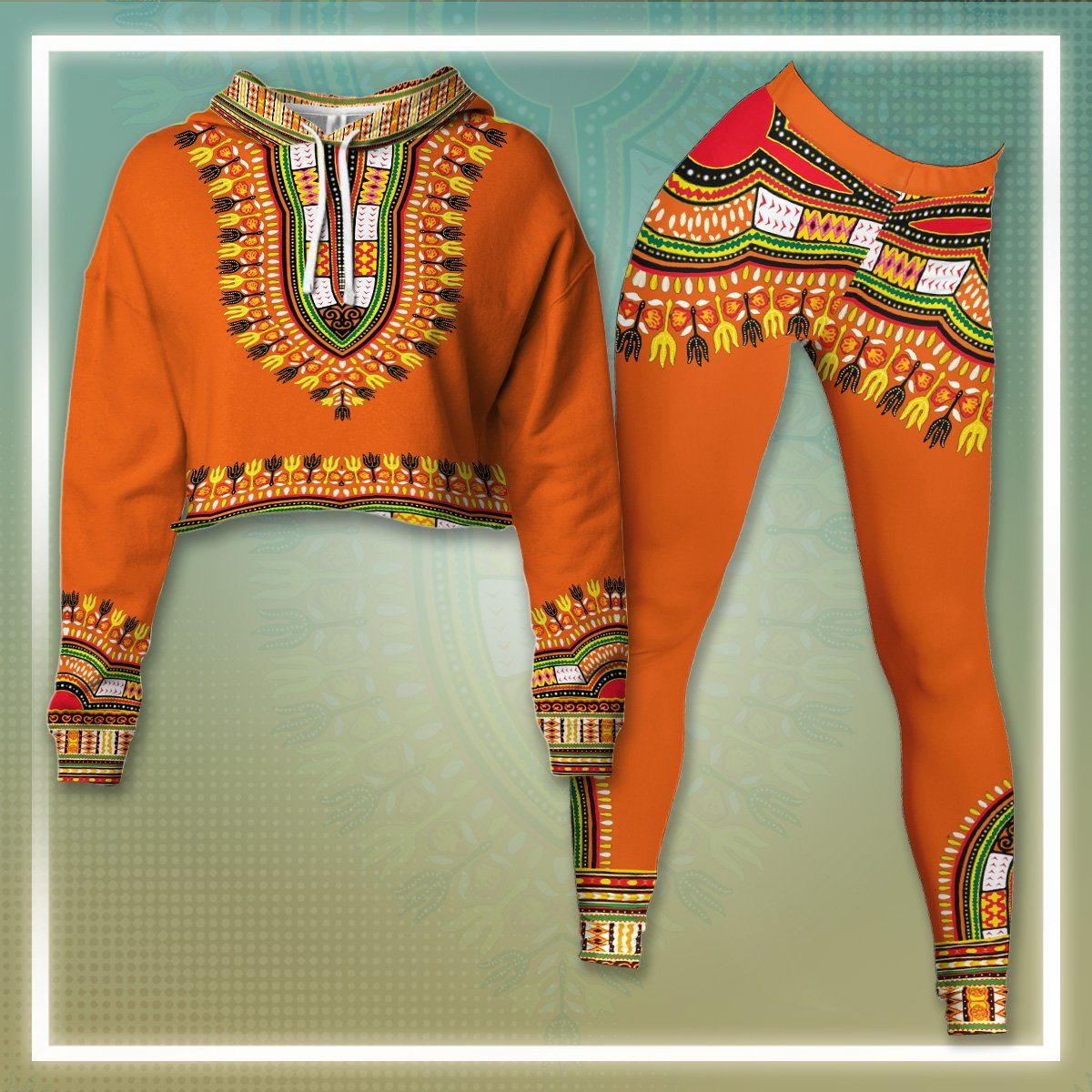 Printed Dashiki In Orange Cropped Hoodie & Leggings Set