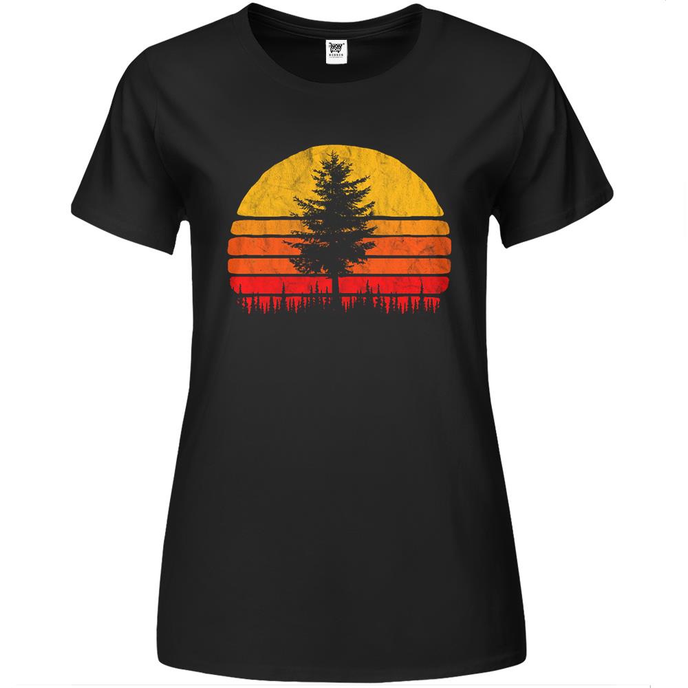 Retro Sun Minimalist Pine Tree Vintage Graphic Premium Womens T Shirts