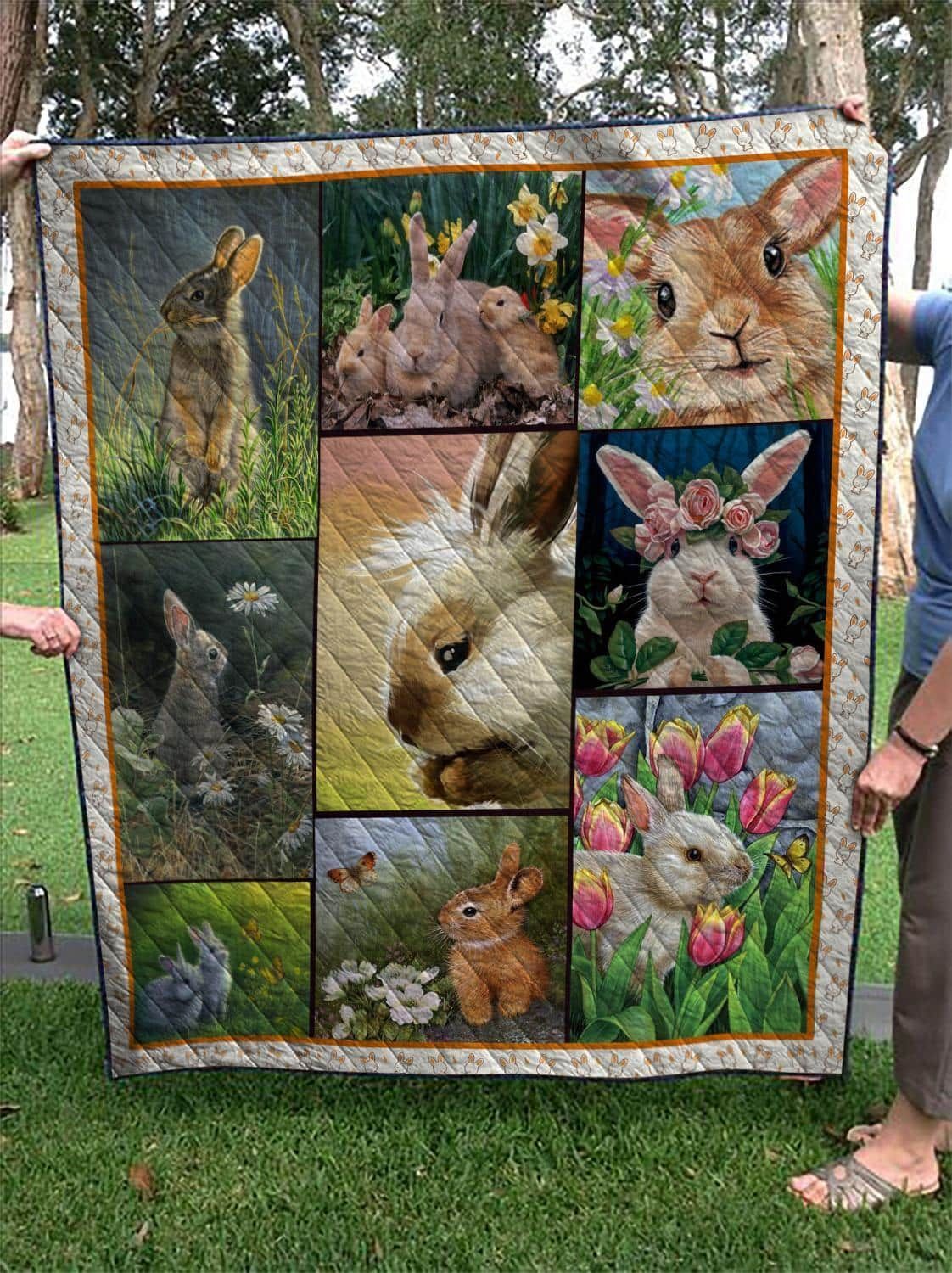 Rabbit Rabbit with flowers Quilt Blanket