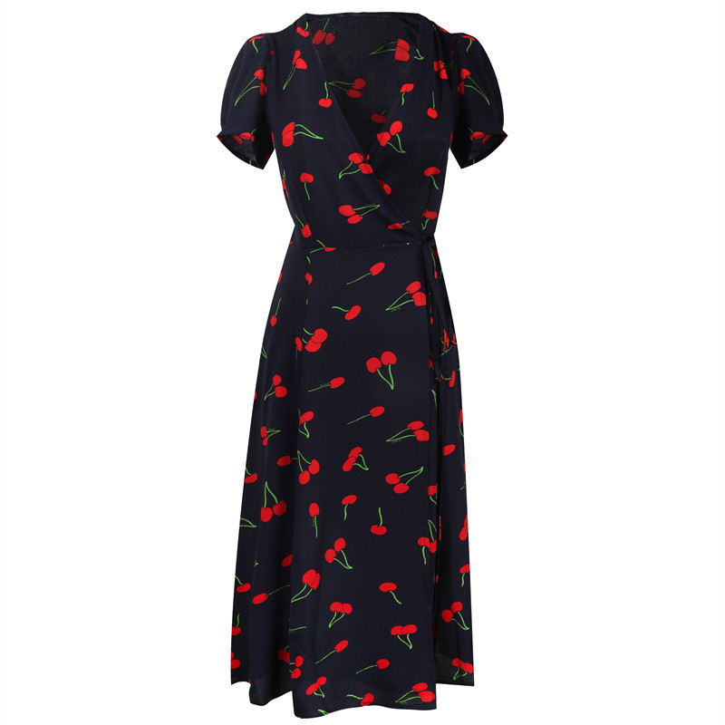 2022 Brand New Cherry Print Short Sleeve Dress V-neck Midi Chiffon Dress Summer Dress Vestidos Women Plus Size Dress S-4XL alx