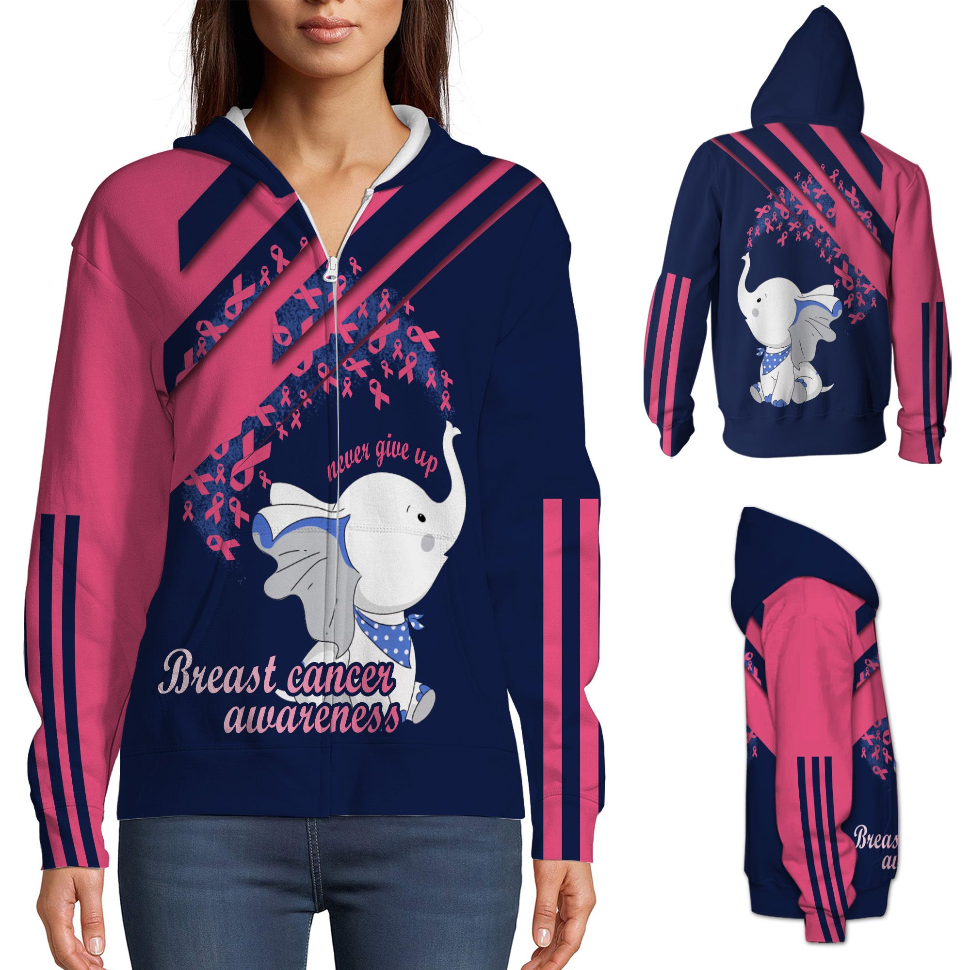 Never Give Up Little Elephant Pink Ribbons 3D T-Shirt For Women With Breast Cancer