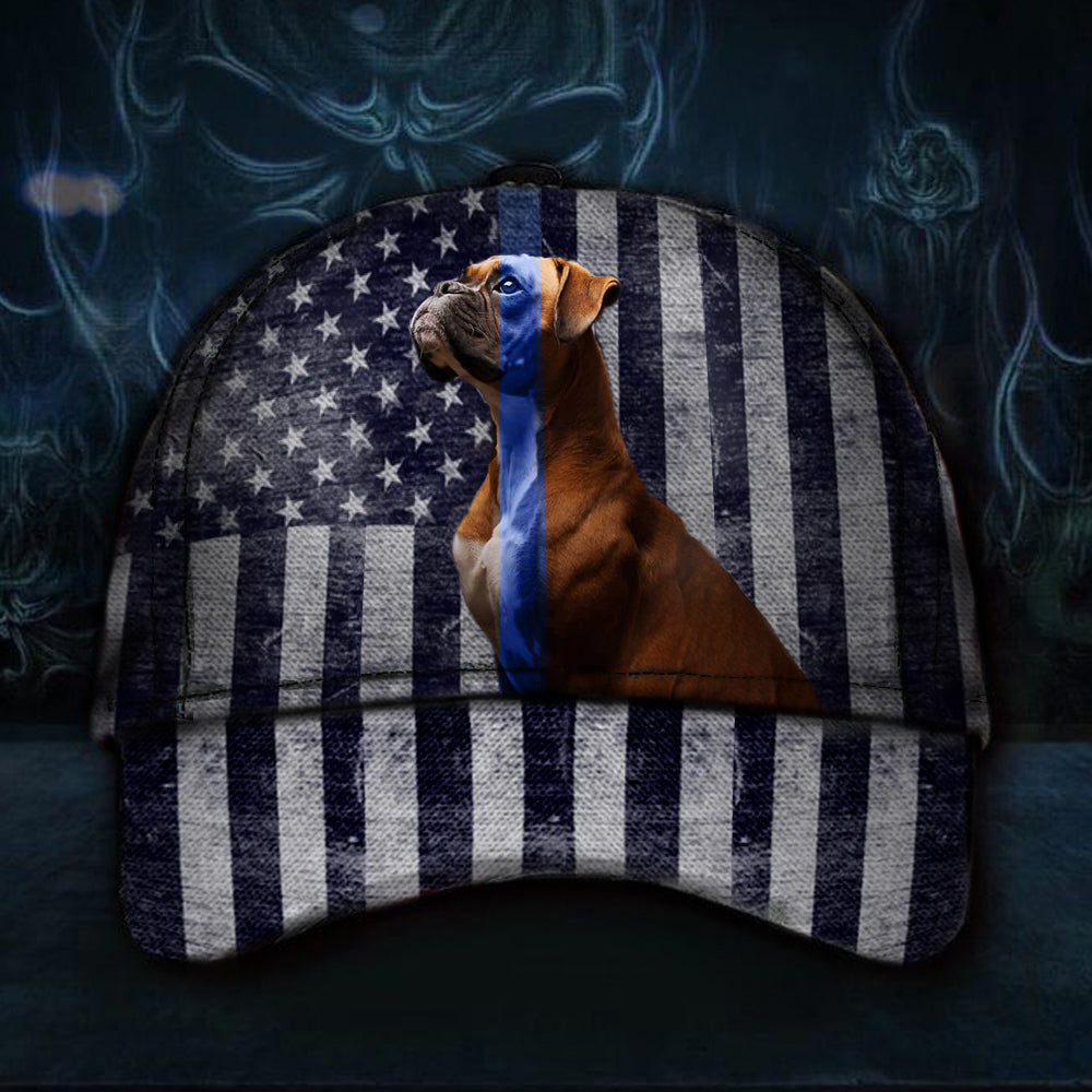 Boxer Thin Blue Line Hat 3D USA Flag Cap Unique Vintage Dog Patriotic Back The Blue