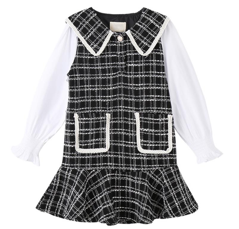 Sweet Girls Dress Kids Princess fake two Long Sleeve small fragrance Dress Children Plaid Dresses alx