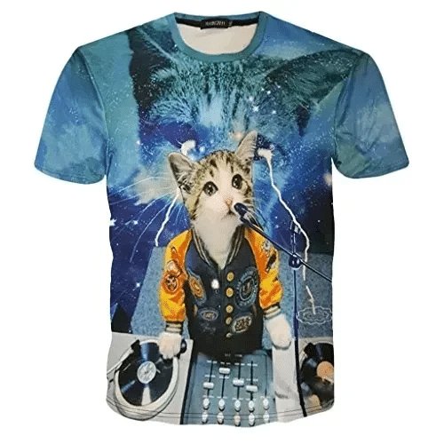 Rxbc2011 Men’S Short Sleeve Top 3D Printed Animal Dj Cat T Shirt