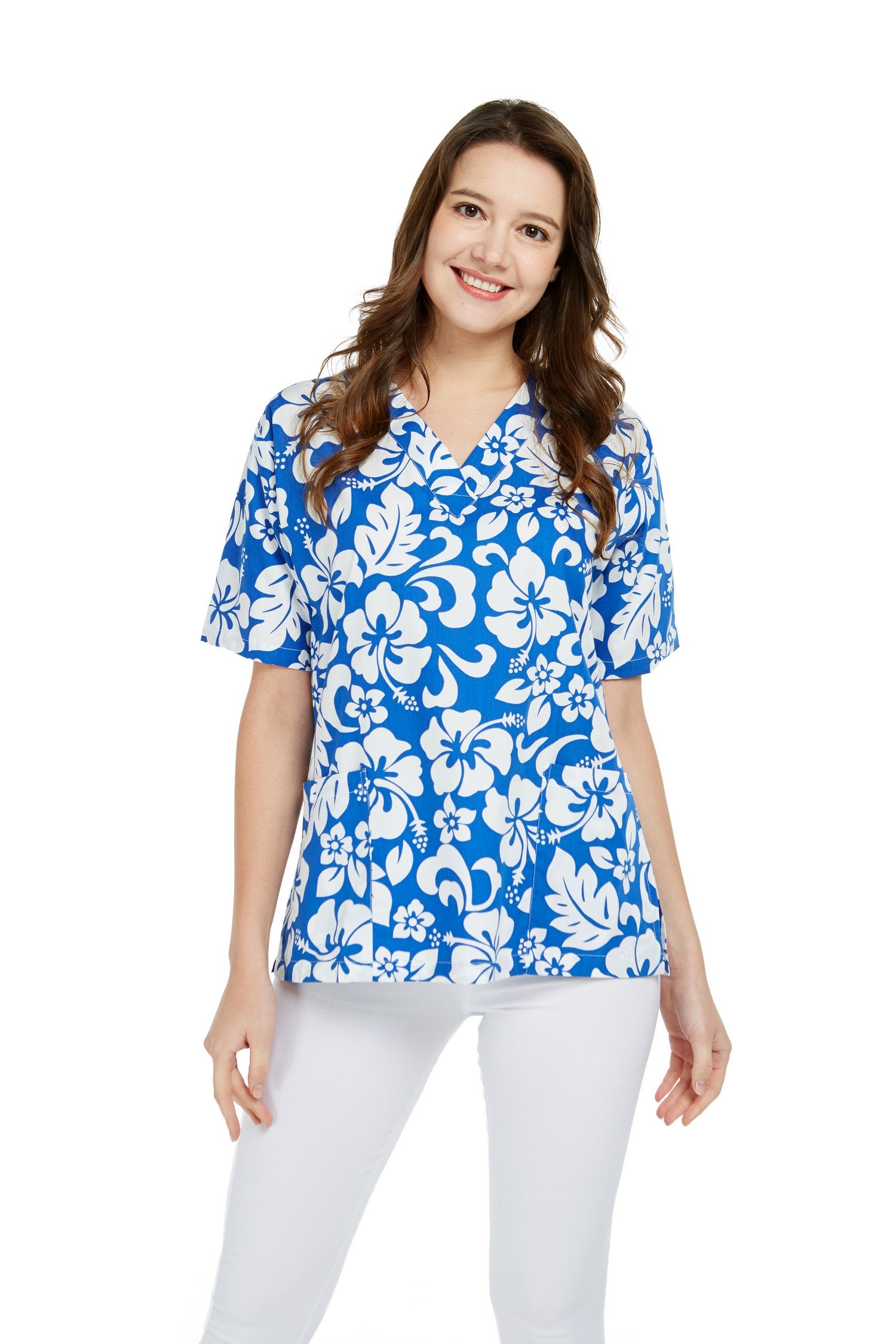 Hawaii 2 Pockets Scrub In Vintage Hibiscus Blue Ha1602