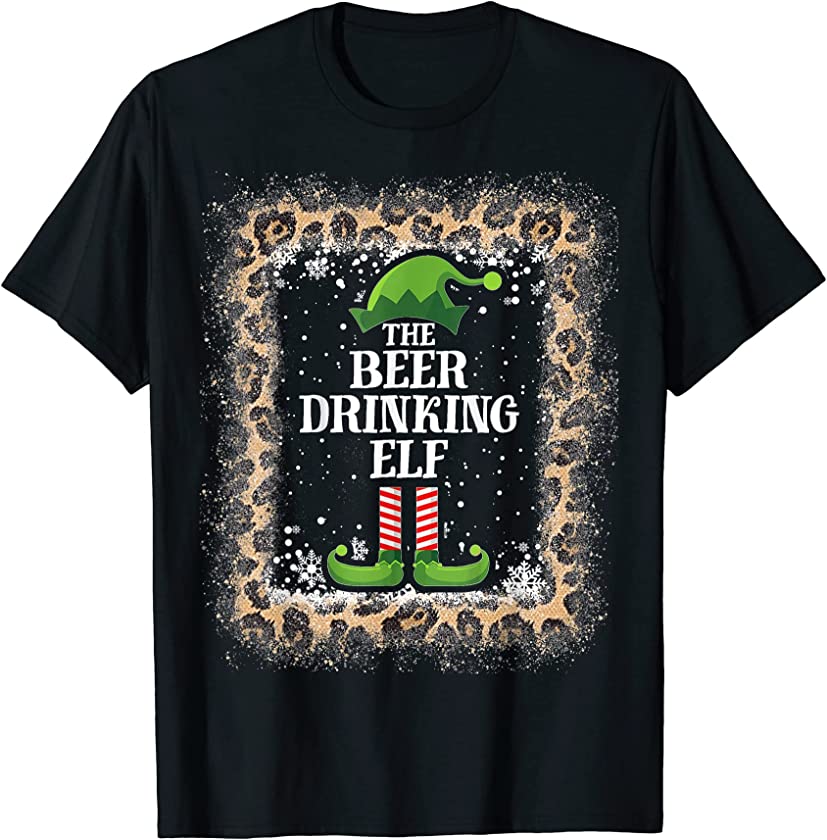 Beer Drinking Elf Leopard Christmas Shirt Men, Women T-Shirt