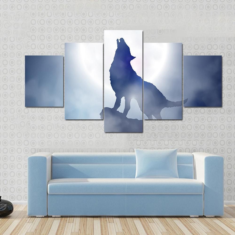 Wolf Howling On Moon Night Animal 5 Panel Canvas Art Wall Decor