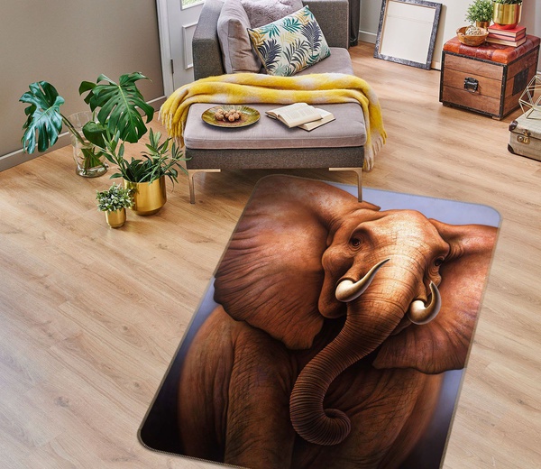 3D Brown Elephant Portrait Area Rug Home Decor