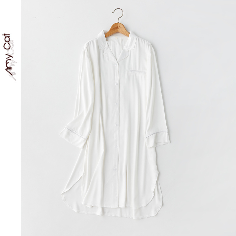 2020 Summer Autumn Nightgowns for Women Long-sleeved Satin Sleepwear Pocket Sleep Dress Solid Viscose Sleep Tops Home Night Wear alx