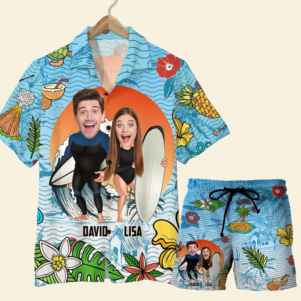 Custom Surfing Hawaii Shirt And Men Beach Shorts Laughing Couple Ha31880