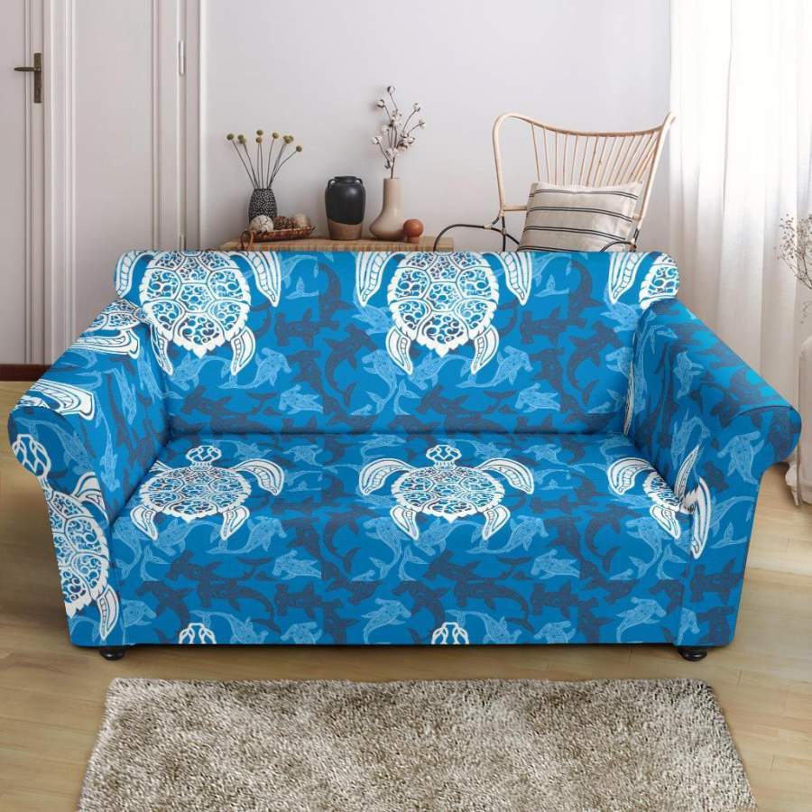 Blue Hawaiian Shark Sea Turtle Pattern Print Loveseat Cover