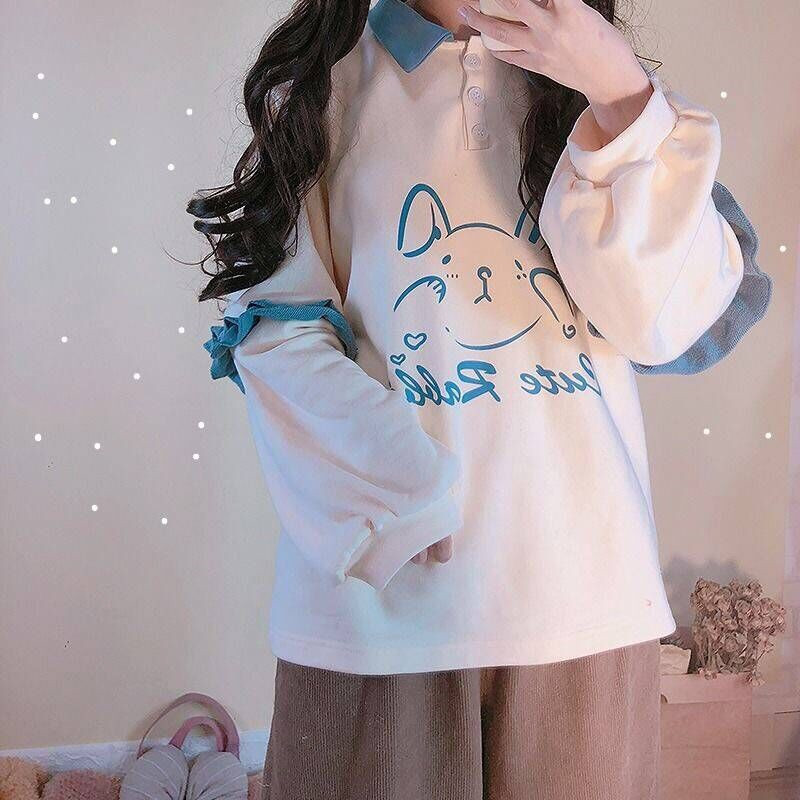 Soft Girls Cute Rabbit Female Hoodies Japanese Kawaii Bunny Graphic Vintage Women Sweatshirt Kpop Long Sleeve Ruffle Clothes alx