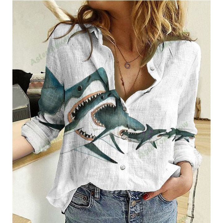 Shark Biting Shark Cotton And Linen Casual Shirt For Men and Women, Unisex