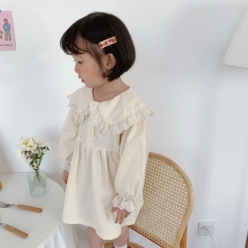 Spring autumn baby girls cotton fashion lacework patchwork dress Korean style girl long sleeve turn-down collar cute dresses alx