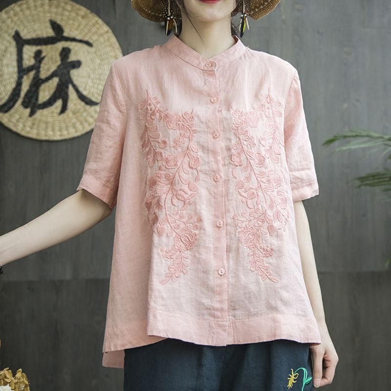 Women Blouse Pure Cotton Shirt St Collar Top Embroidered Loose Large Size Short Sleeve Linen-like Blusas Ropa De Mujer alx